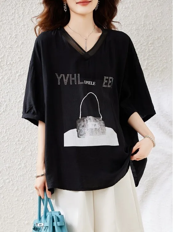 Lose V-Ne Gedruckt Strass ort Sve T-shirt frauen Sommer Neue Sle Europäischen plus Größe frauen Top irt