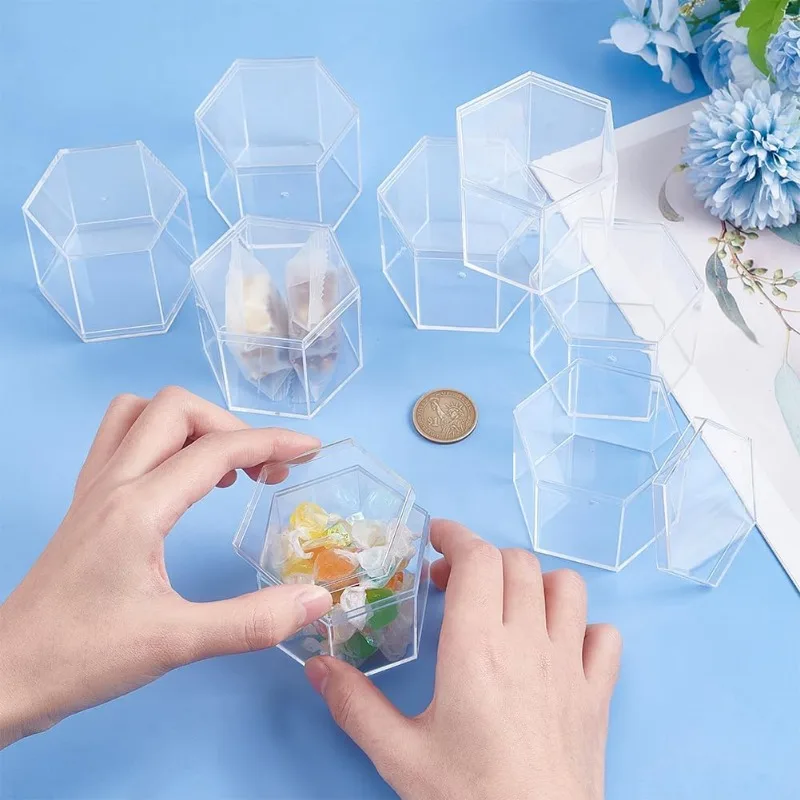 20pcs Hexagon Storage Containers 2.7x2.3x2.2inch Small Clear Acrylic Boxes Plastic Display Box with Hat Cover for Gifts