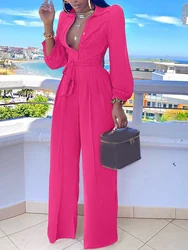 Casual Jumpsuit for Women Spring Summer 2023 New Fashion Solid Color Lace Up Shirt Collar Two-Piece Suit Jumpsuits