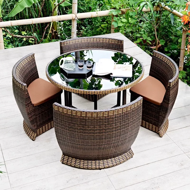 & Outdoor Rattan Table and Chair Set, for Courtyard, Villa & Terrace, Sun-proof and Waterproof Rattan Furniture Combination