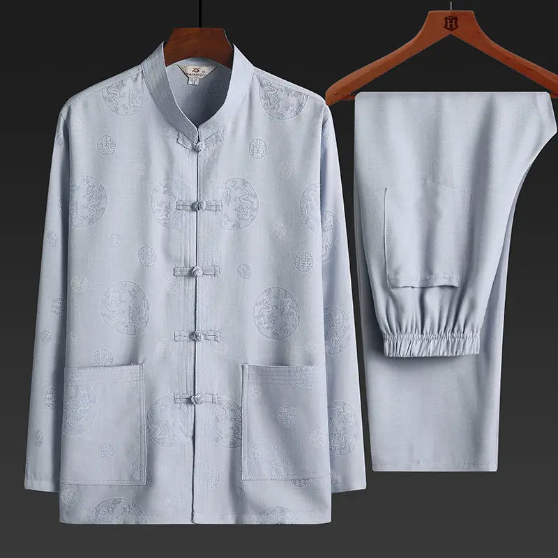 Men Spring Summer Chinese Traditional Tang Suit Mandarin Collar Kung Fu Wing Chun Garment Tops + Pants Set Tai Chi Shirt