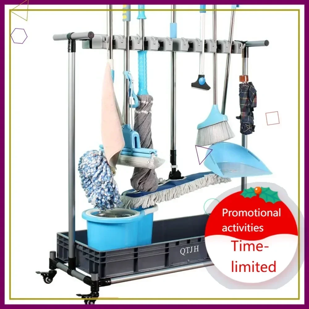 

Hot salesCommercial Mop Rack with Wheels, Movable Broom Holder for Garage Storage, Rust-Proof Cleaning Cart Organizer