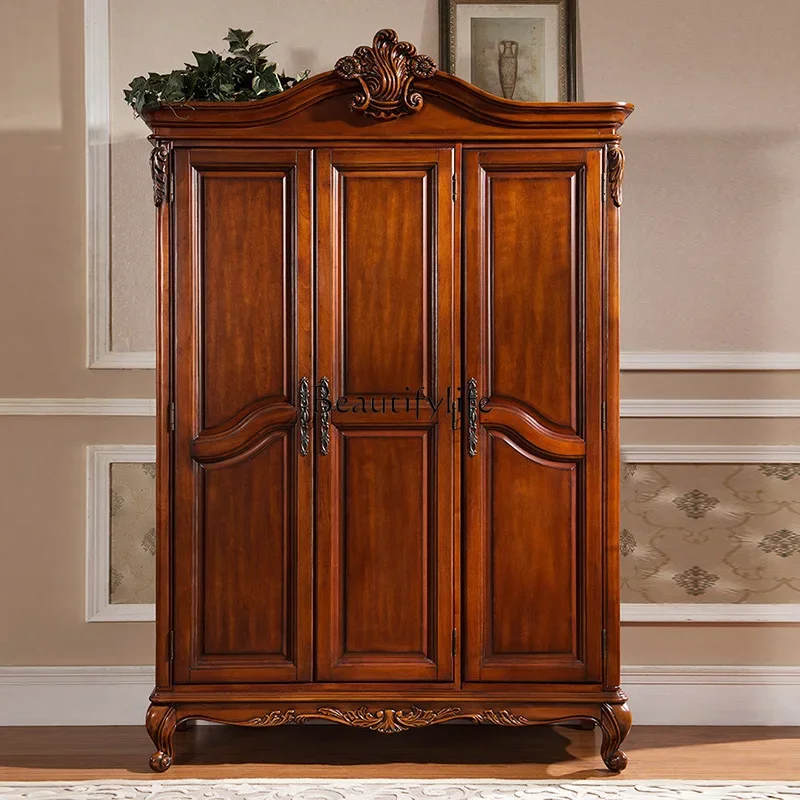 

02 ls 18American all solid wood wardrobe, bedroom three-door large wardrobe, European assembly hanging wardrobe