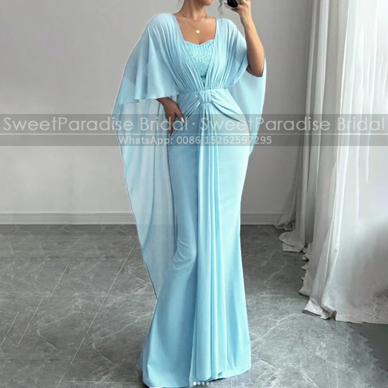 

Customized Shawl Mermaid Evening Dress Square Neck Long Cloak Sheath Flowy Chiffon Reception Dresses Party Gown