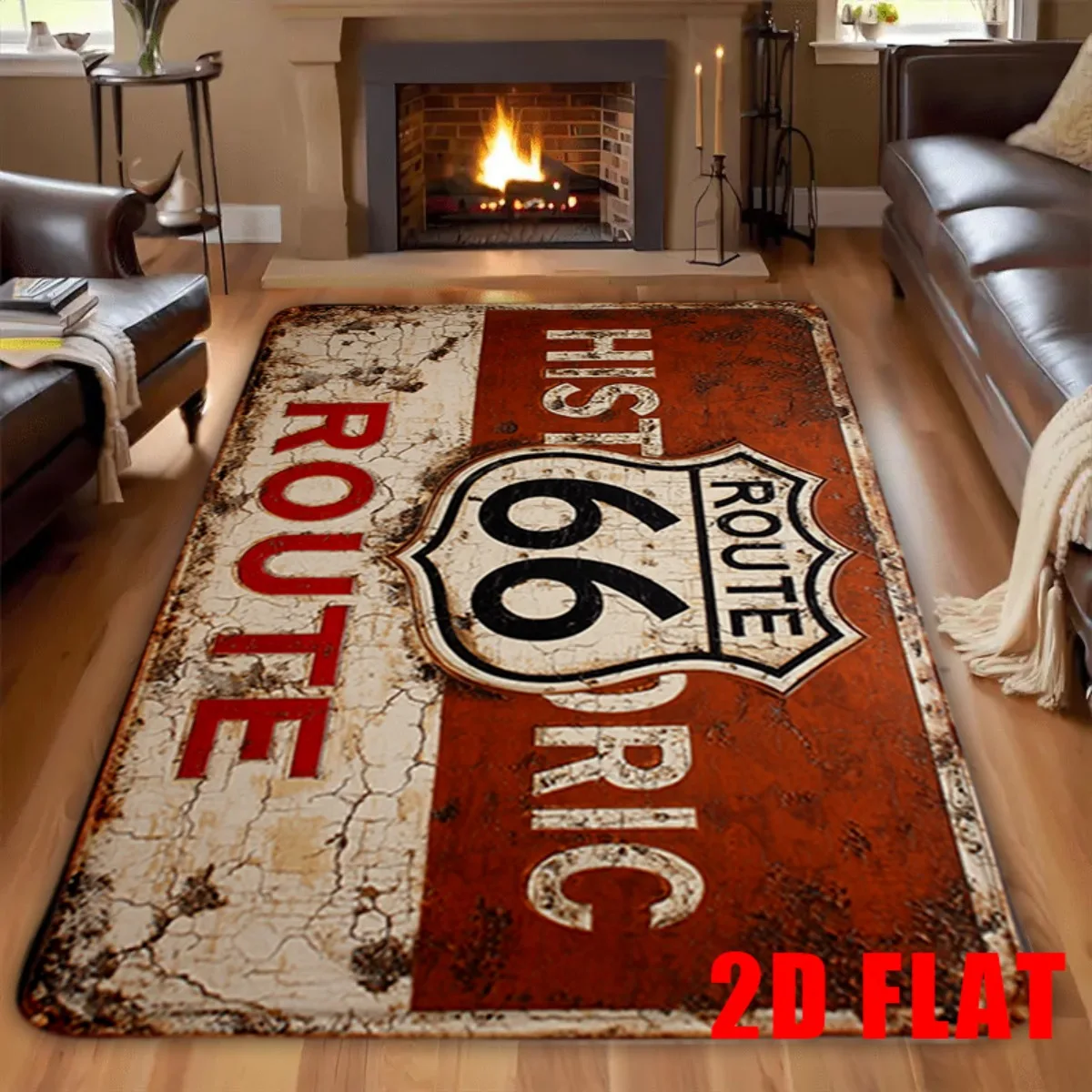 VIKAMA Vintage Route 66 Flat Floor Mat Retro Cracked‑texture Highway Sign Print Non‑slip Wear‑resistant Livingroom Household Rug