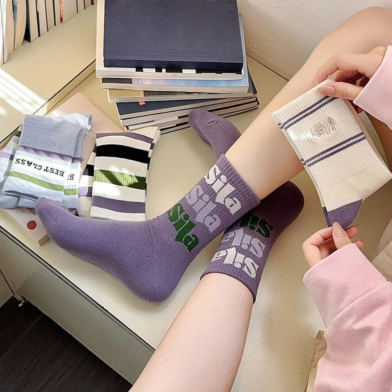 Fashion Socks Women's Autumn New Mixed-color Elastic Breathable Striped Socks For Woman Casual Embroidery Letter Cotton Socks