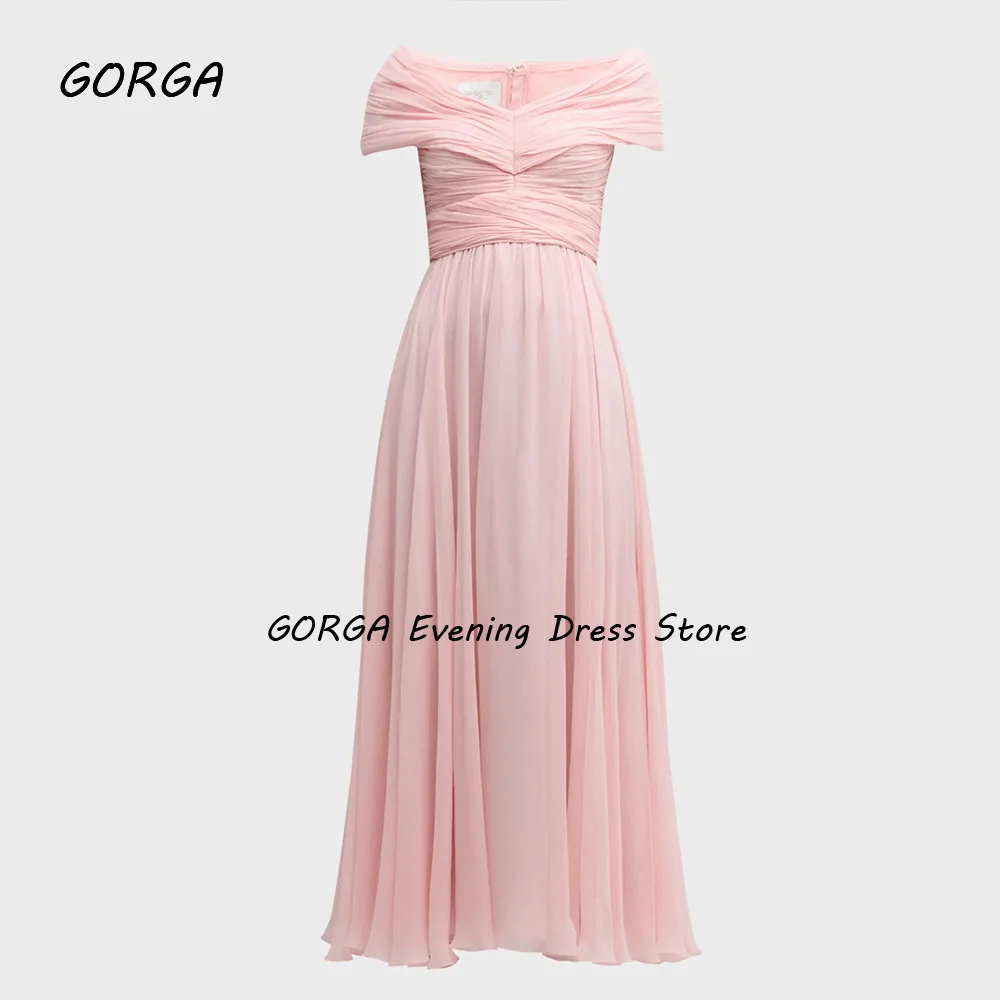 GORGA Simple Baby Pink Off The Shoulder Chiffon A-LINE Prom dress 2024 Slim Short Sleeve Tea-Length Formal Evening Dress