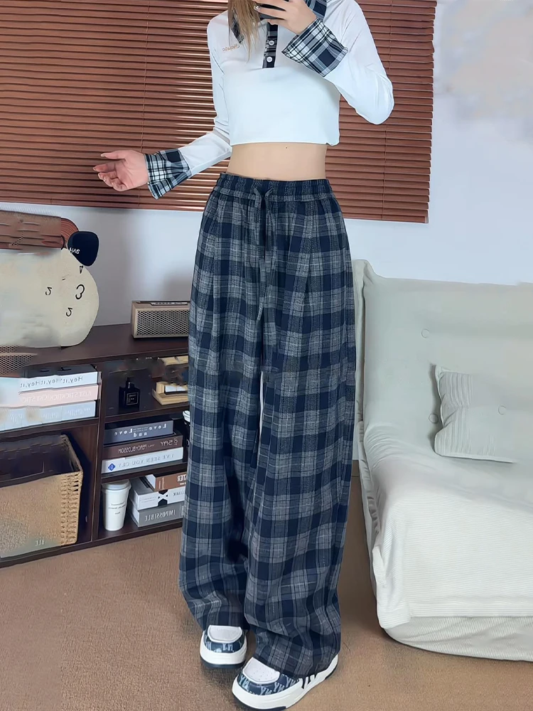 

American Retro Plaid Wide Leg Pants Men Women Loose Casual Drapey id Pants Autumn Lazy Sle Straight Loose Comfortable