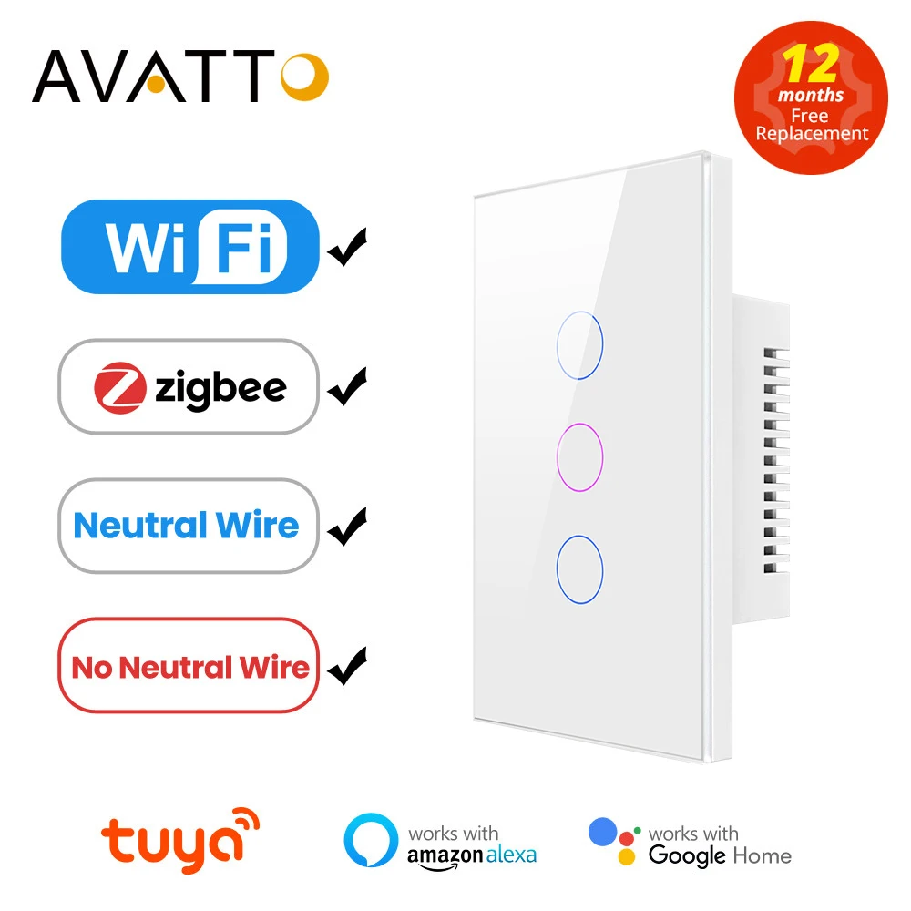 

AVATTO Tuya WiFi/Zigbee Smart Light Switch, Neutral Wire/No Neutral Wire Required Wall Touch Switch Work with Alexa, Google Home