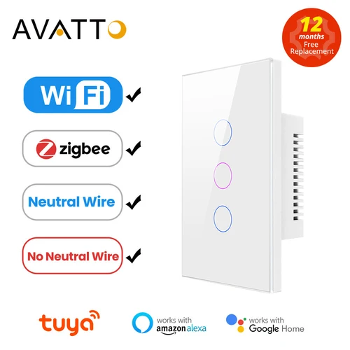 AVATTO-interruptor de luz inteligente Tuya WiFi/Zigbee, cable neutro/sin cable neutro, Interruptor táctil de pared, funciona con Alexa y Google Home