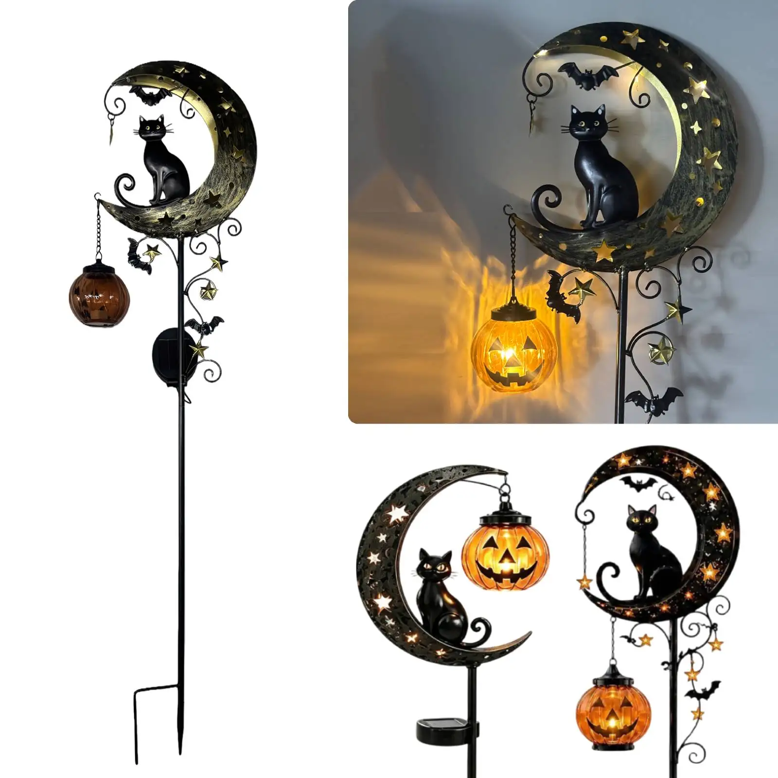 Solar Powered Black Cat & Pumpkin Moon Stake Light Weatherproof Halloween Decorations Solar Lamp Auto On/Off for Halloween Decor