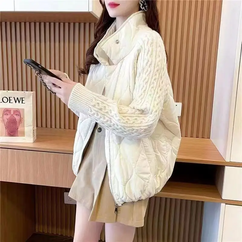 2023 Women Fashion Stand Collar Knit Cardigan Coat Asymmetrical Zipper Cotton Jacket Autumn Winter New