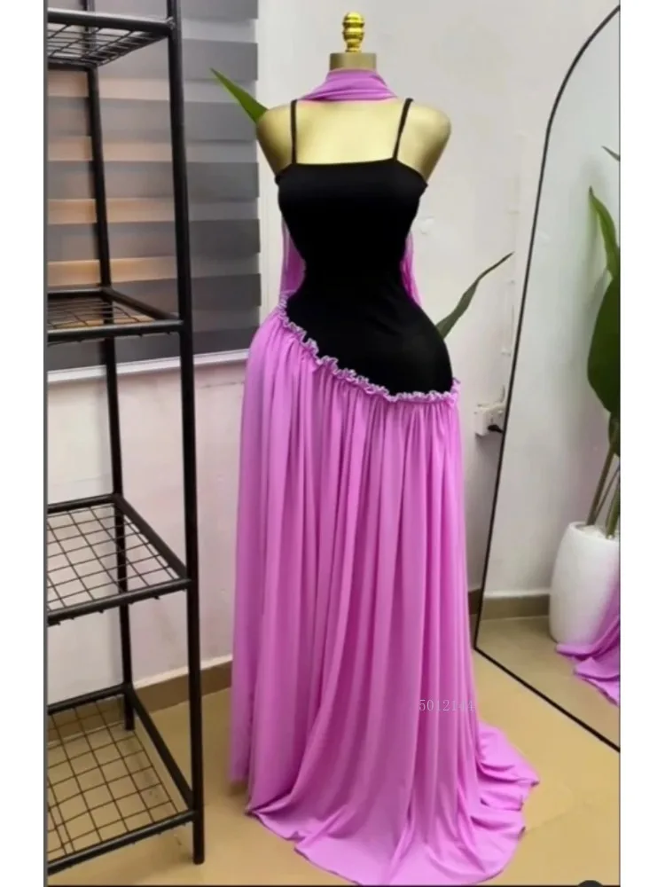 

Элегантное женское длинное платье А-силуэта без рукавов с рюшами и вставками, с шарфом, 2026. Для улицы, пляжа, вечерних мероприятий, дня рождения, вечеринок.