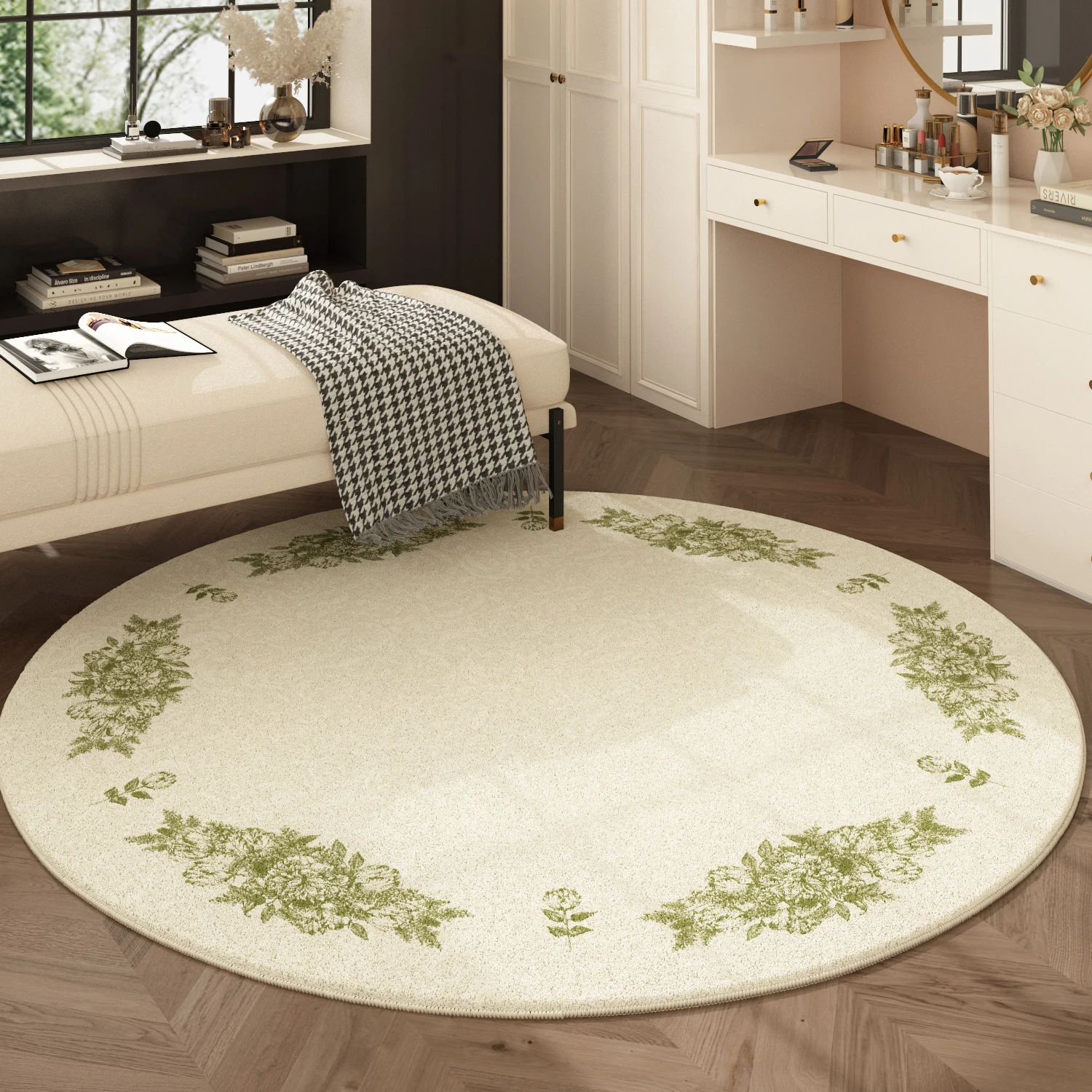 

VIKAMA Summer Fresh Green Floral Carpet Home Decoration, Soft And Dirt-Resistant, Bedrooms And Studies Round Anti-Slip Floor Mat