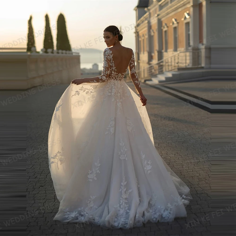 Robes De mariée classiques pour femmes, ligne a, col en V, dentelle appliquée, col en V, manches longues, robes De mariée élégantes personnalisées