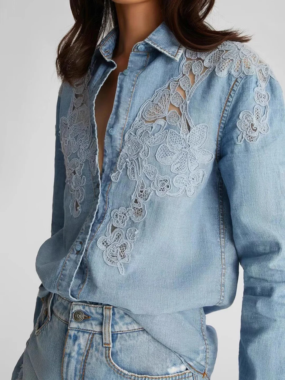 Modphy Casual Slim Denim Shirts For Women 2024 Autumn Vintage Lace Women's Jeans Shirts And Blouses Fashion Youth Female Tops