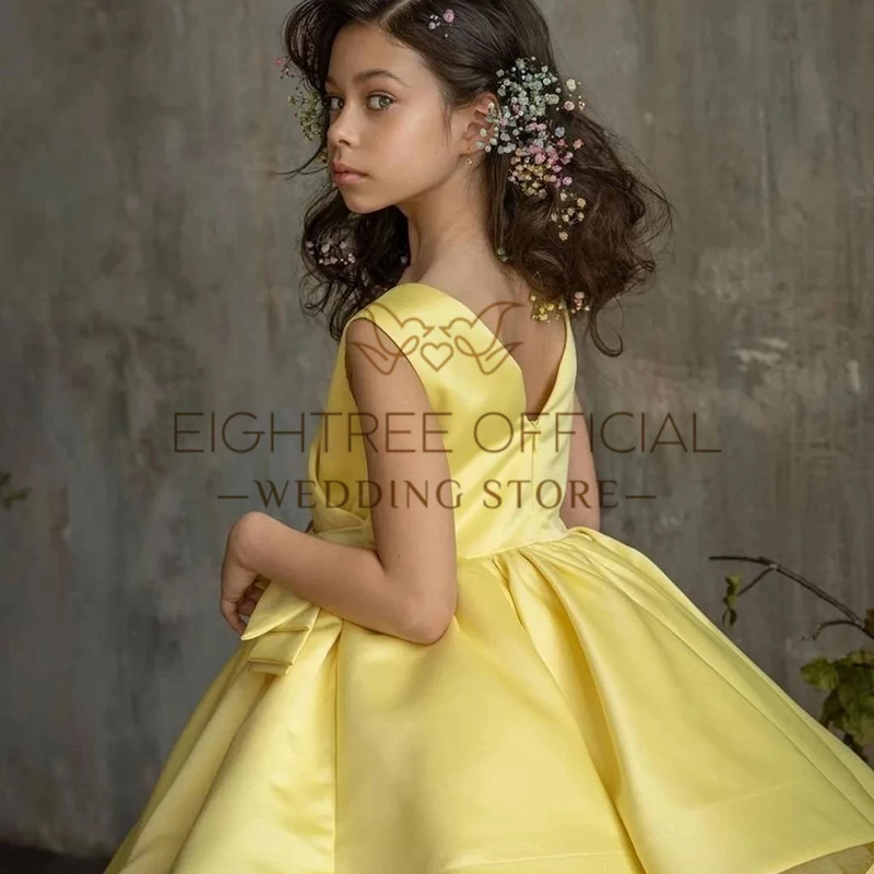2025년 플라워 걸 드레스, 리본 장식, 어린이용 노란색 드레스, 여자아이 생일 드레스, 새틴 의류, 무대 의상, 맞춤 제작