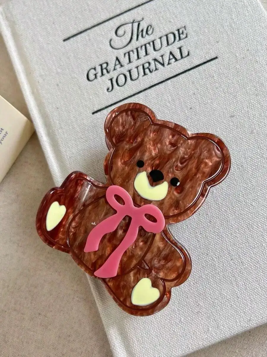 

Brown Acetate Teddy Bear Hair Claw Clip With Pink Bow For Women