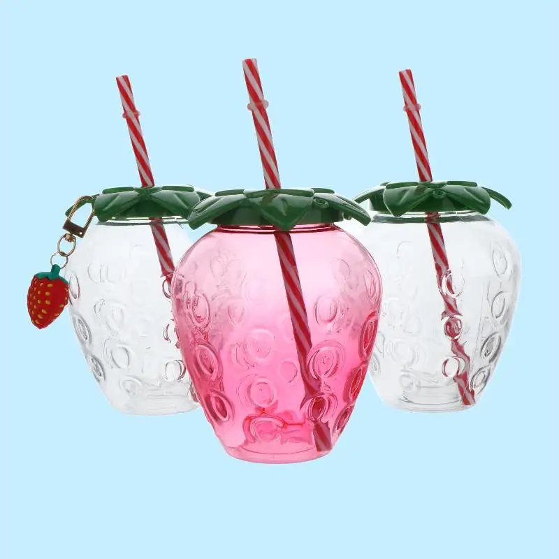 Strawberry Themed Plastic Cup with Straw Lightweight Drinking Bottle for Outdoor Activities