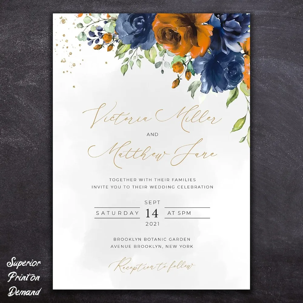 

Customized Wedding Invitation Cards - 24 Wedding Invitations with Envelopes and 24 Rsvp Cards - Orange & Blue Flower Wedding Inv