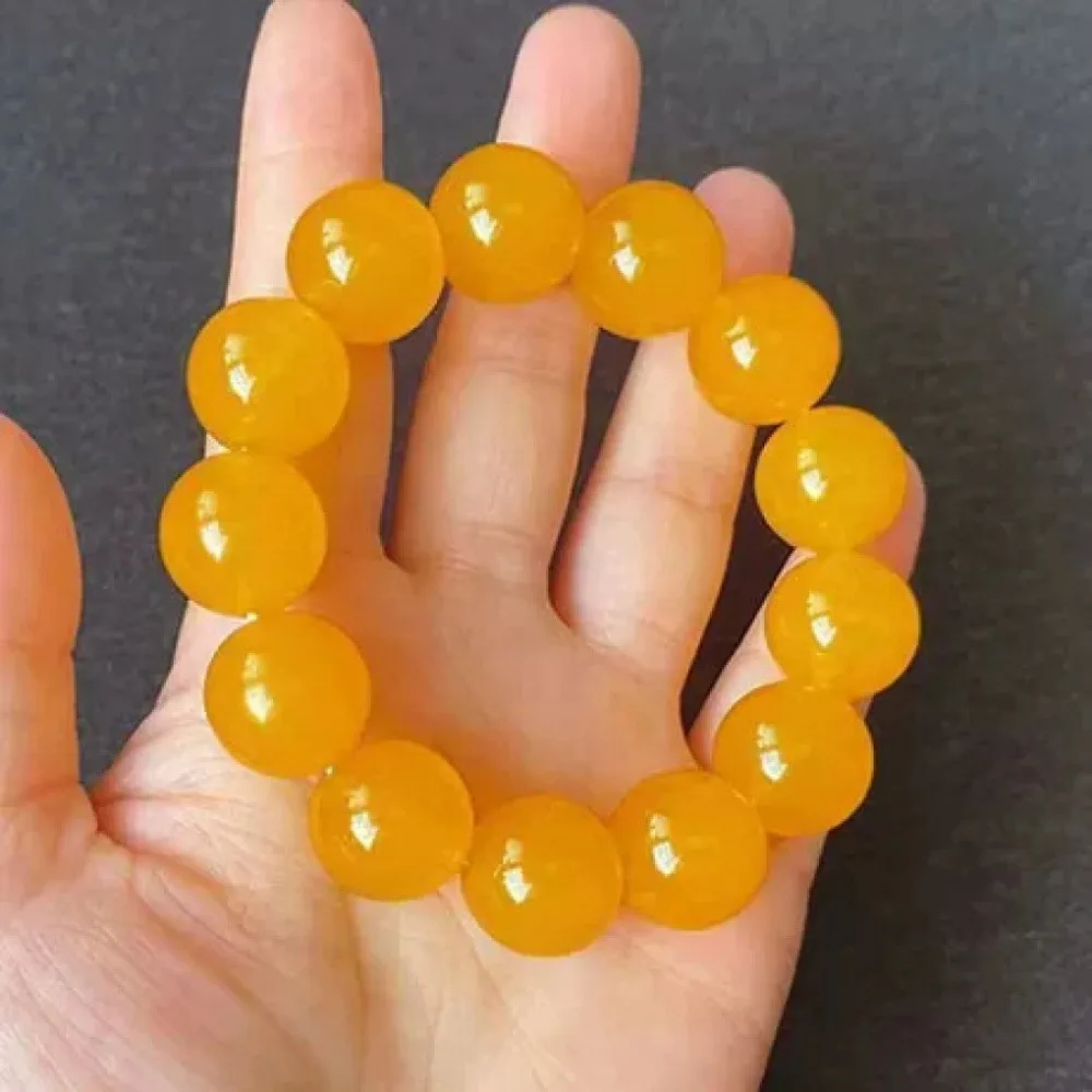 1 Pack Natural Amber Yellow Beaded Bracelet, Unisex Ethnic Round Bead Resin Bangle, Vintage Honey Wax Mala Prayer Stretch Bracelet for Men Women Meditation Jewelry Birthday Holiday Gift