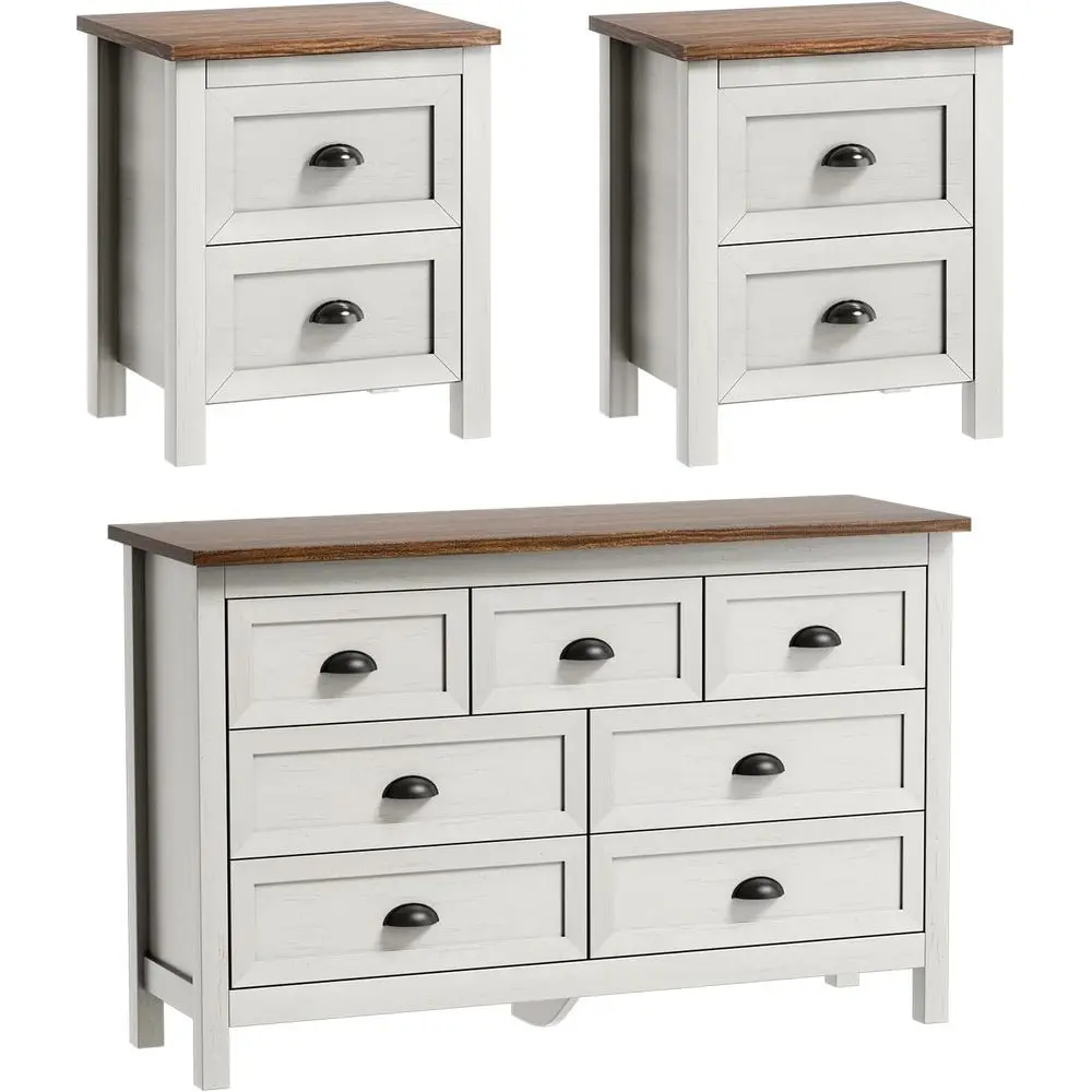 Farmhouse Style 7-Drawer Dresser with 2-Drawer Nightstands & Chest, 3-Piece Bedroom Furniture Set