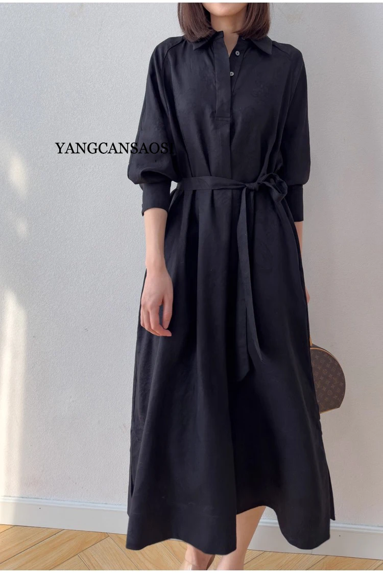 40MM Pesante 100% Seta di gelso naturale Nube profumata Filato Colletto POLO Manica a lanterna Camicia Stile Abito alla moda da donna