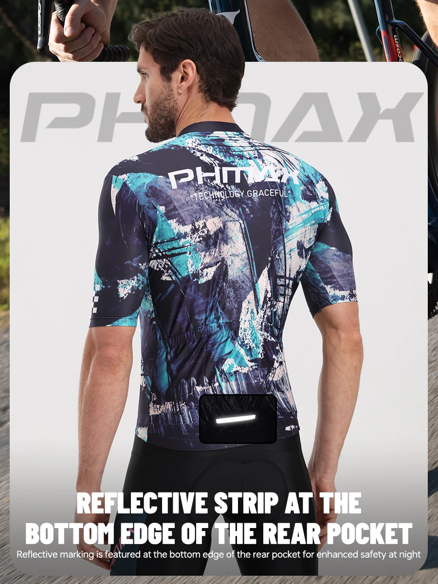 PHMAX Herren-Mountainbike-Trikot, kurzärmelig, Fahrradtrikots mit 3 Taschen, Renntrikot, Fahrradbekleidung mit durchgehendem Reißverschluss – Detail 7