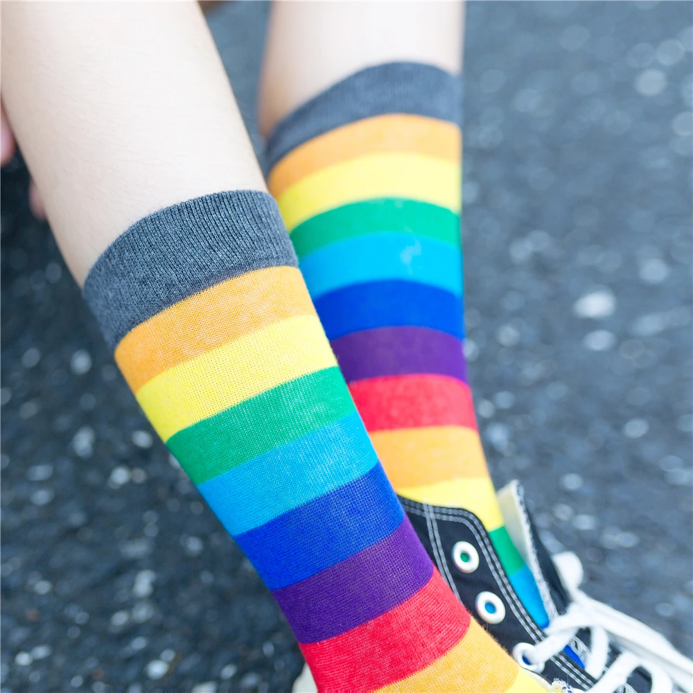 Women's Luxury Rainbow Colorful Striped Long Socks Cotton Elasticity Sweat Sporty Meias Casual Retro Harajuku Sokken Dropship