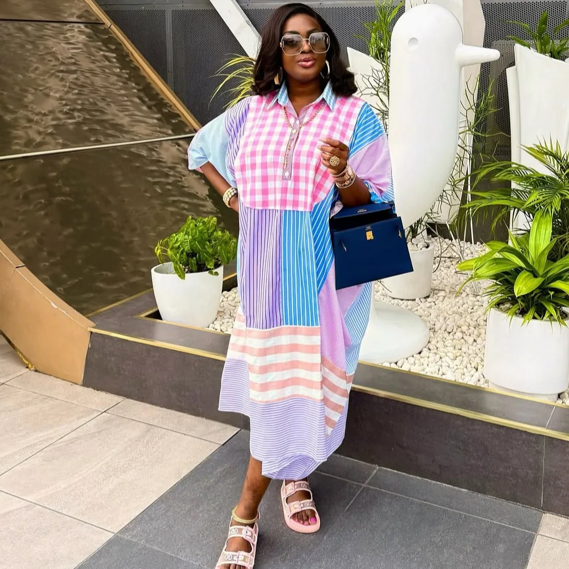 

Women Dresses Striped Dress A Line Plaid Button Turn Down Collar Short Sleeves Ankle Length Loose Casual Streetwear 2025 Summer