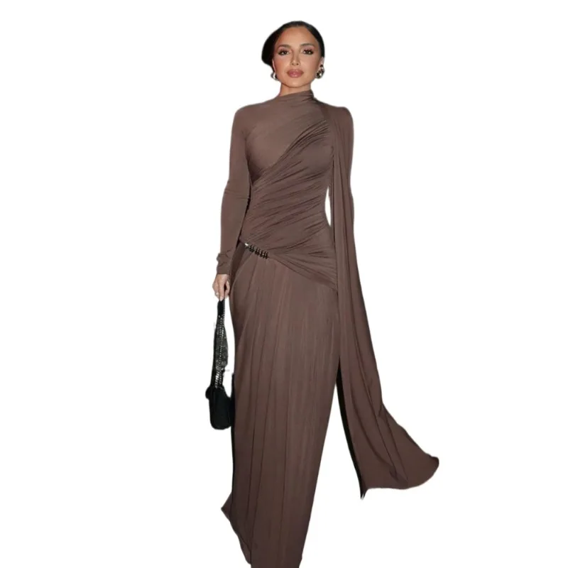 

Женское однотонное платье с длинными рукавами и завышенной талией