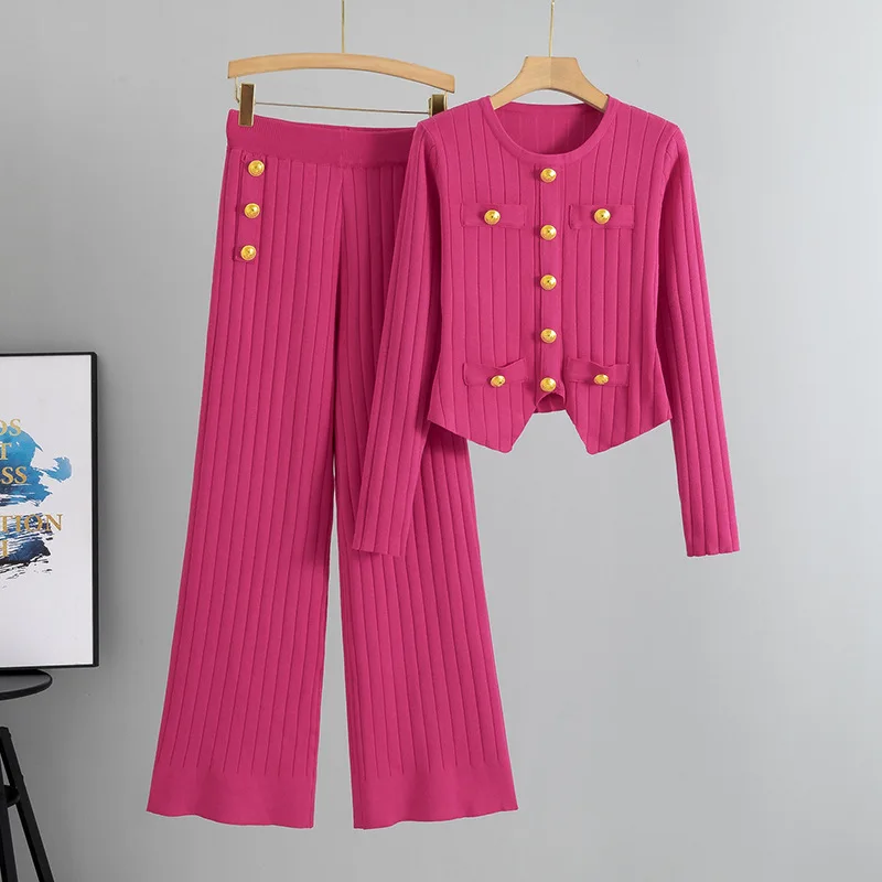 

Women Two Pieces Sets Elegant Fashion Spring Suits Long Sleeves Chic Buttons Pullovers+Elastic Long Pants Vintage Sweater