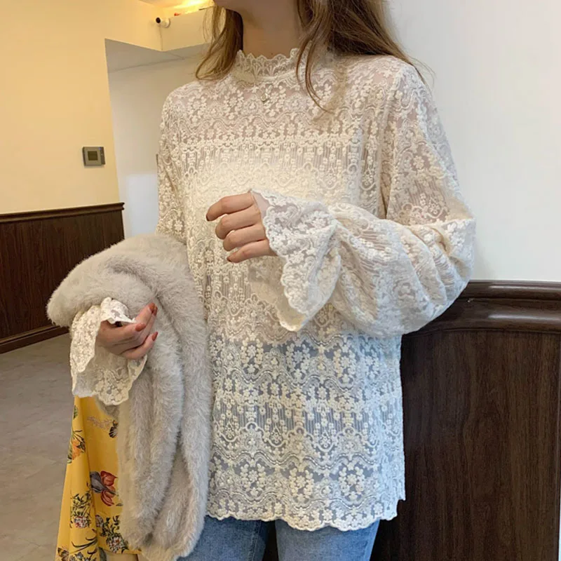 

Женская блузка с кружевной отделкой и вышивкой, с длинным рукавом, из сетчатой ткани, весна-осень, универсальная, в корейском стиле, для повседневной носки