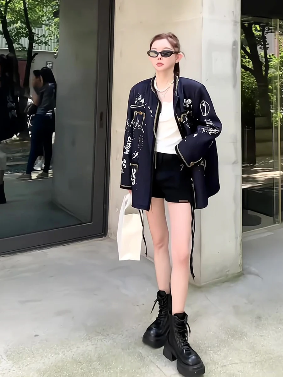 

Heavyweight Denim Jacket Women's Fall New Style Metal Decoration Long Sleeve Loose Fit round Neck Button Closure Casual Outer...