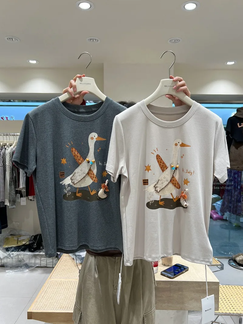 Fun Cute Cartoon Print Beaded Sweet Short Sleeved T-shirt Women's 2025 Autumn Comfortable Versatile Youthful Top Pullover Tees