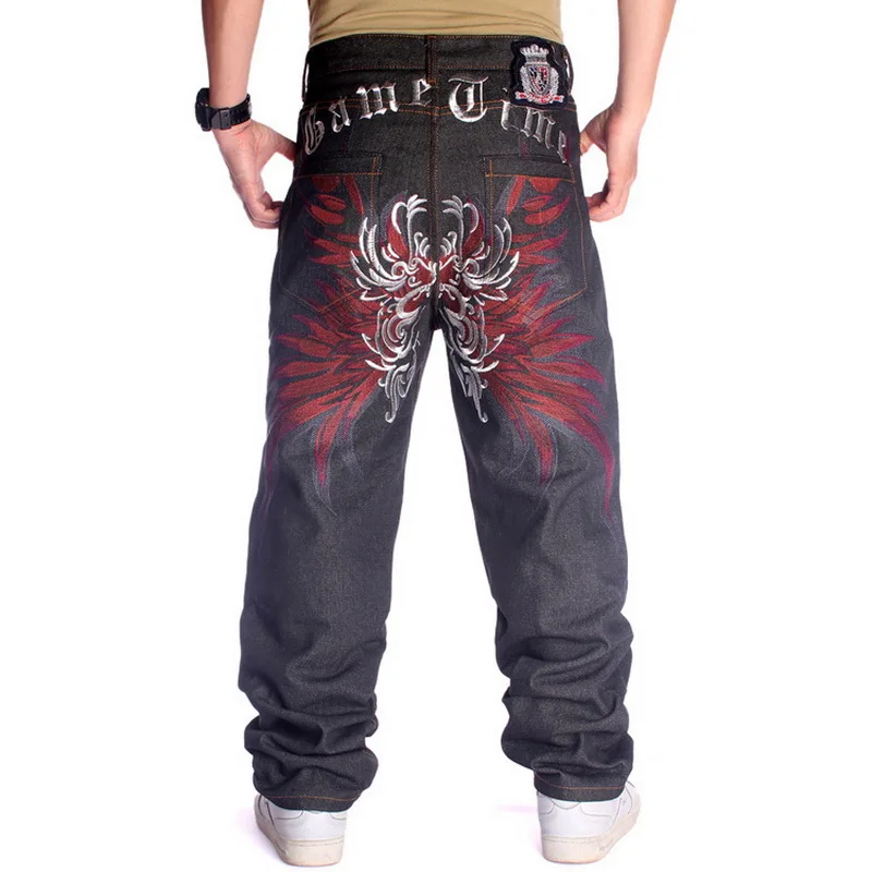 

Mens Jeans Top Rushed Stripe Loose Hip Hop Jeans Men Printed Hiphop Demin Pants Tide Trousers Embroidered Flower Wings