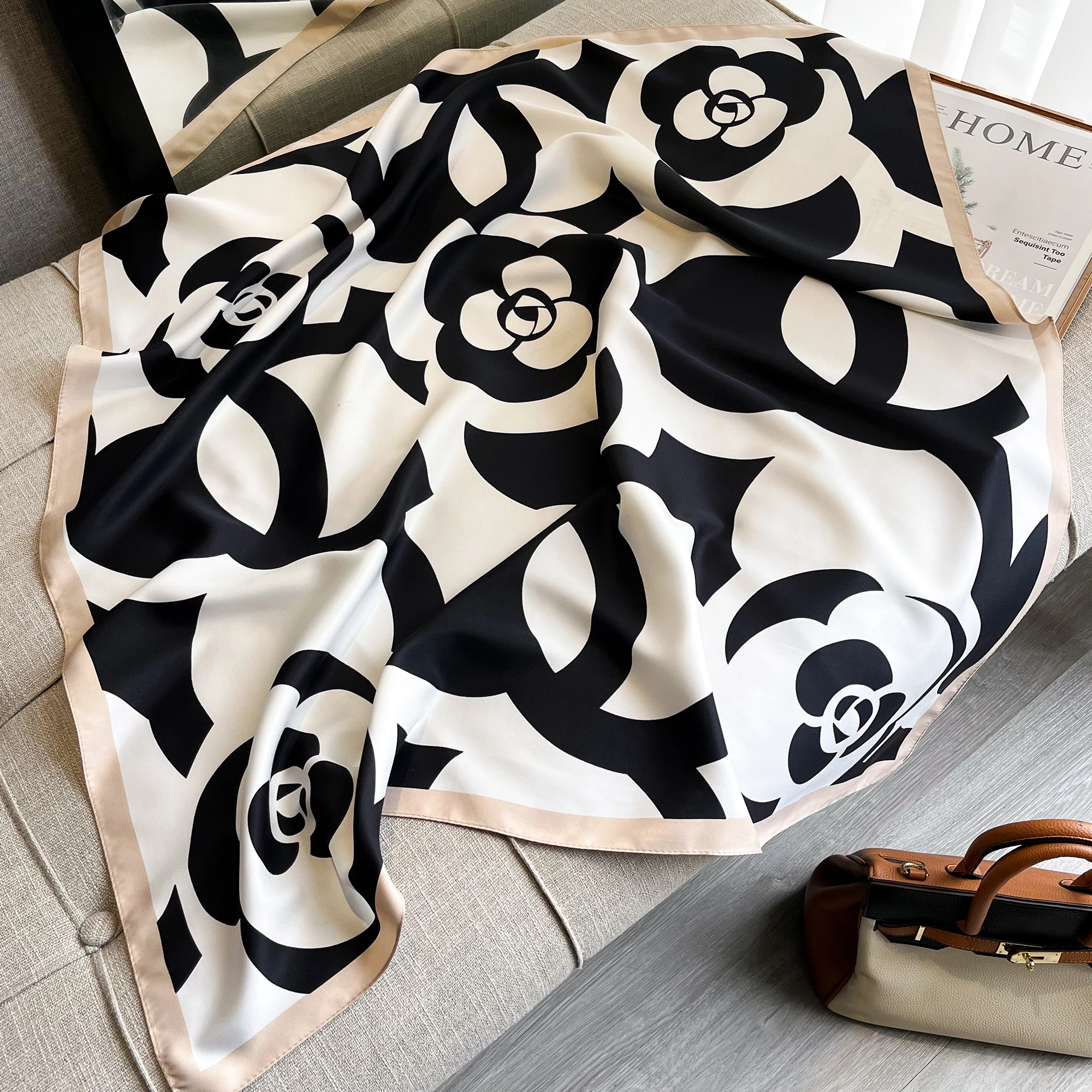 New 2024 Fashion Print Brand Scarves Twill Silk Square 90*90 Scarves Neckerchief Women Shawls Luxury Design Hijab Scarf