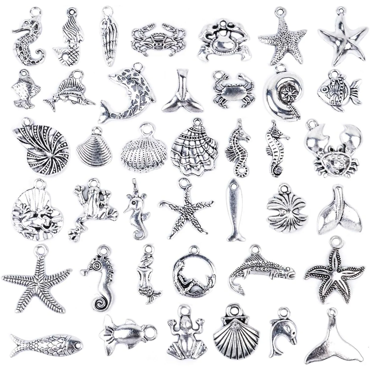 

40 Pieces Mixed Antique Silver DIY Ocean Fish & Sea Creatures Charms Pendants for Making Bracelet and Necklace
