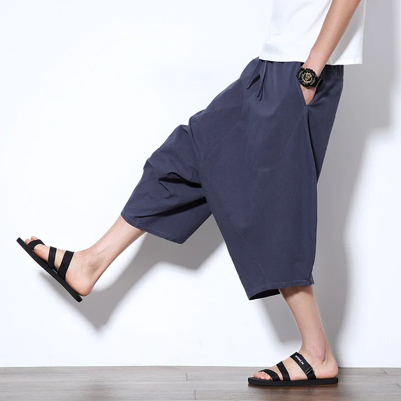 

2026 Summer Men Harajuku Harem Pants Men Retro Chinese Style Cotton Shorts Joggers Man Solid Loose Calf-Lenght Trousers