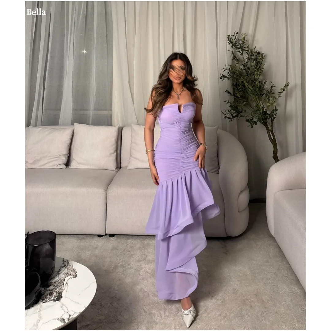 

Bella Customized Purple Multi-Layered Mermaid robes de soirée Mesh Fabric Strapless Party Dresses Ankle-Length Prom Dress 2025