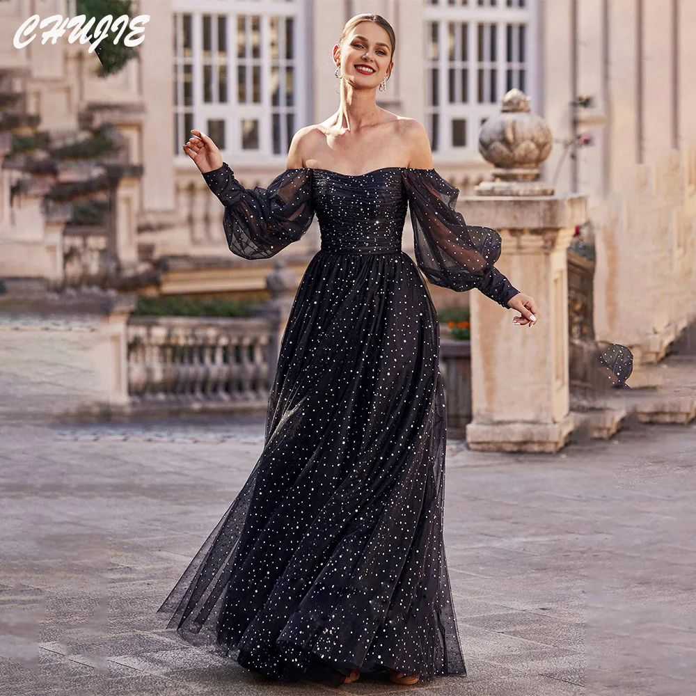 Black Glitter Tulle Prom Dress Sweetheart Puffy Sleeves Formal Evening Gowns Customized A Line Pleated Party Dresses robe soirée
