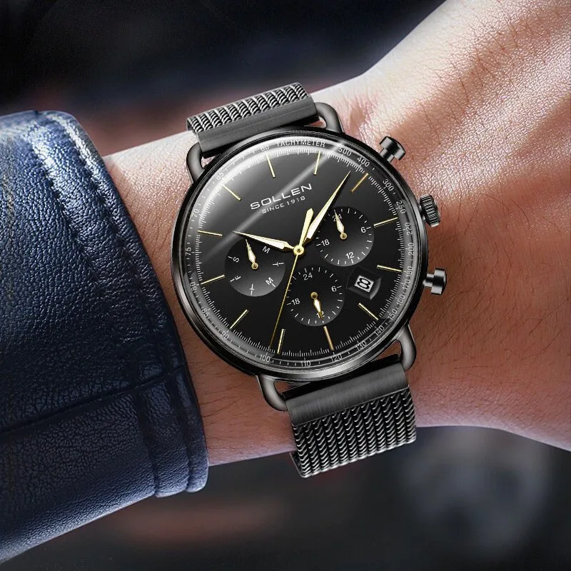 SOLLEN الفاخرة المستوردة ميوتا كوارتز ساعة يد تعمل بالحركة للرجال الراقية 316L الفولاذ المقاوم للصدأ تاريخ موضة ساعات رجالي Relogio