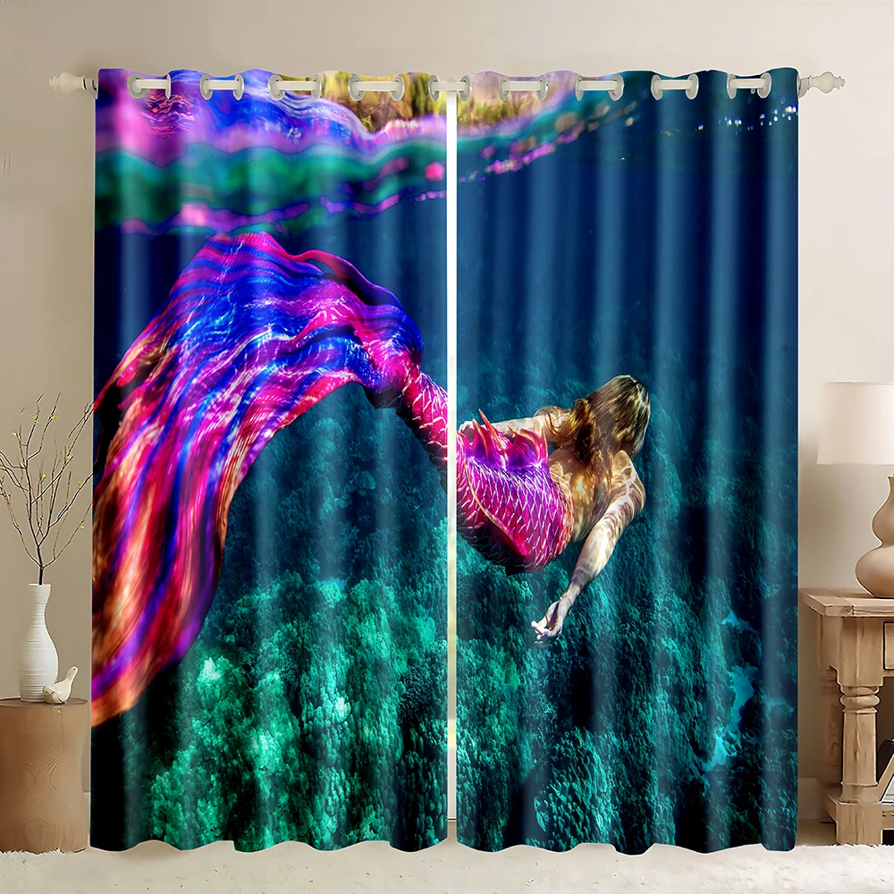 Mermaid Curtains,Mermaid in Sunbeams Sun Rays Underwater World Beauty Mermaid Magic Aquatic World Theme Blackout Curtains