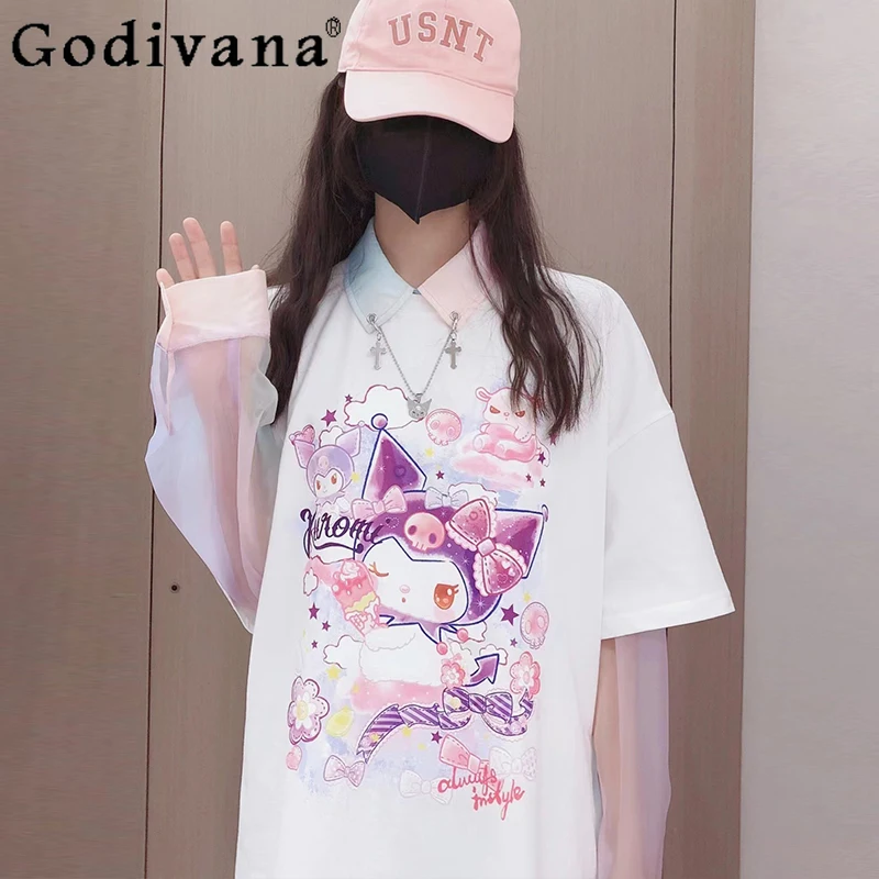 

Summer Fashion Cartoon Print Student Loose Large Size O-Neck Short Sleeve T-Shirt Girl Sweet Cute Mid-length Kawaii Tees Y2k Top