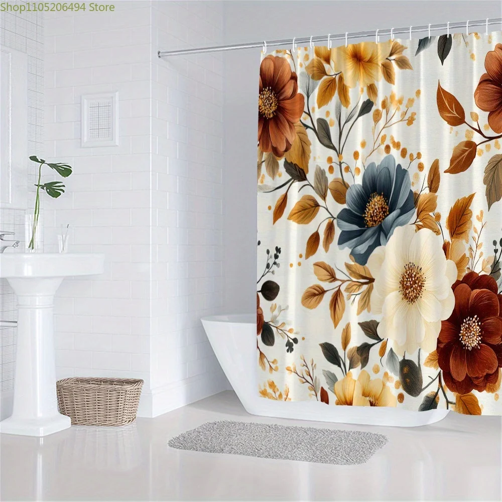 [Cortina de ducha floral] 1 cortina de ducha floral y de hojas de otoño - Flores de amarillo mostaza roja intenso, hojas marrones, naranjas y verdes o