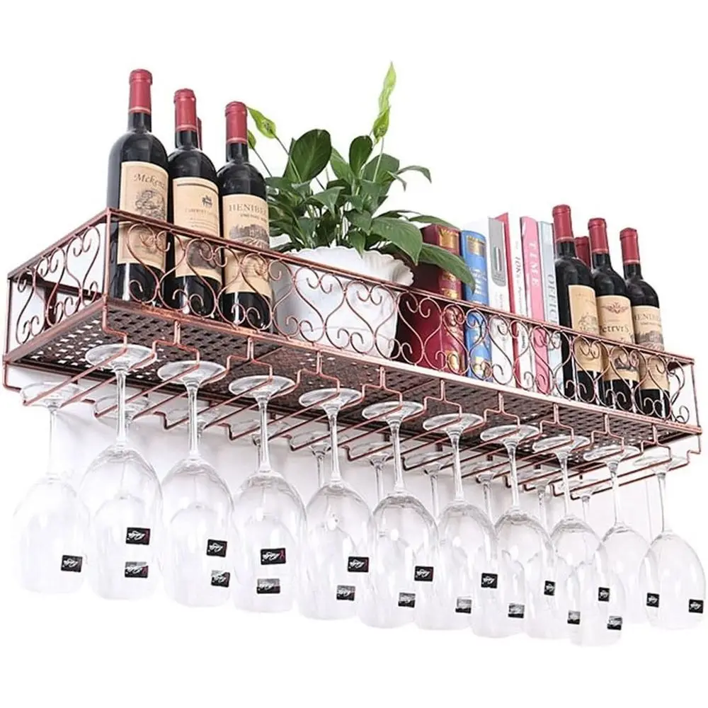 

Metal Wall-Mounted Vintage Wine Rack with Hanging Glass Holder and Storage Organizer