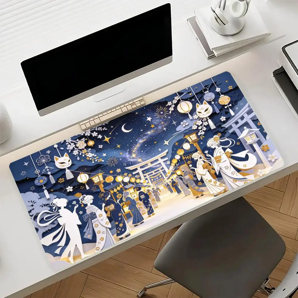 White Fox Festival Moonlit Torii Table Mat Smooth Glide Stitched Edges Large Size For Gaming Office Decor