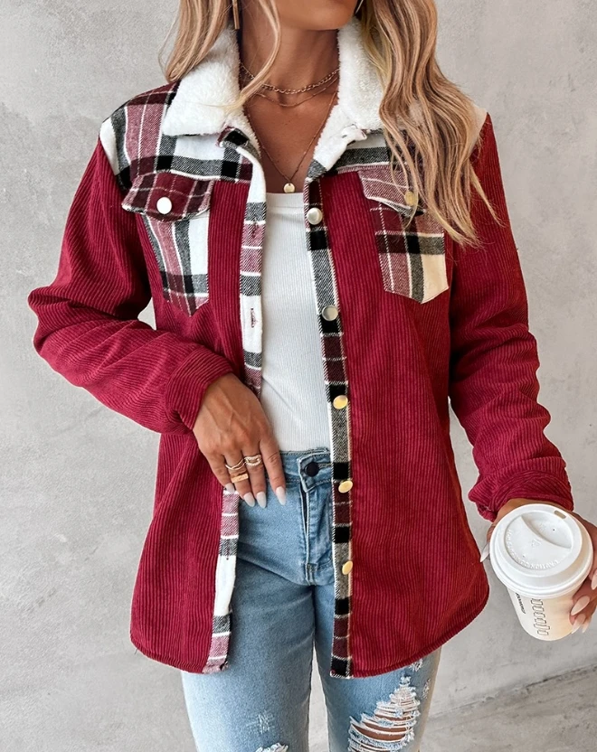 Autumn Women\'s New In Jacket Colorblock Checkered Printed Pattern Corduroy Single Breasted Pocket Casual Commuting Blazer Jacket