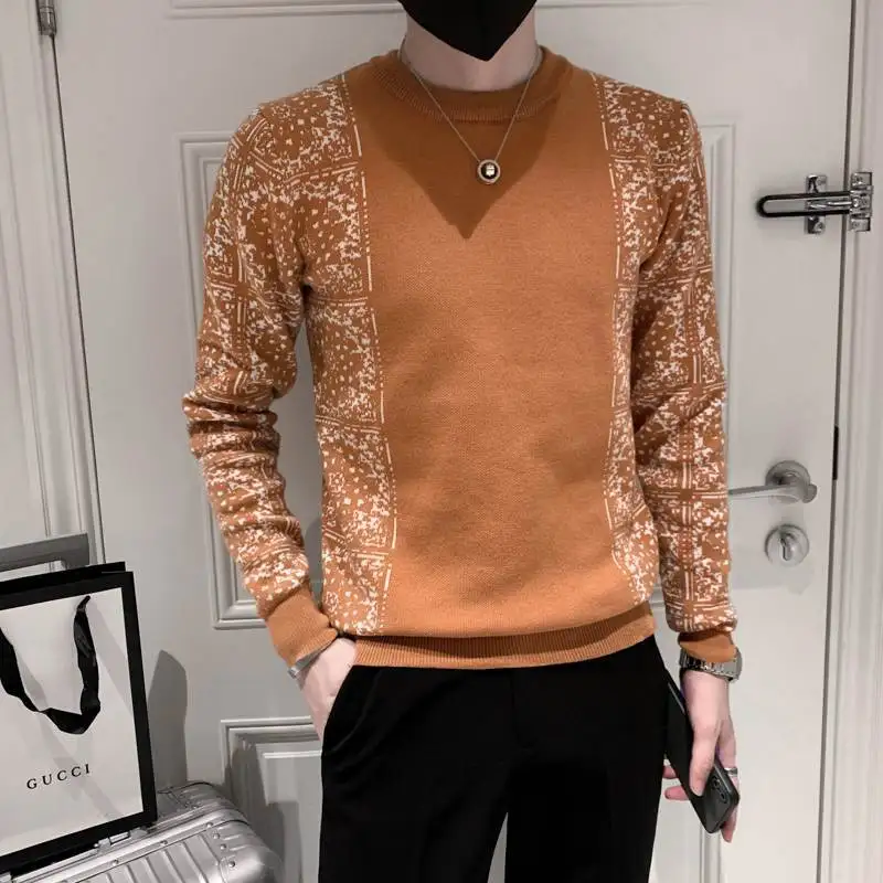 Men's Autumn Winter Round Neck Solid Screw Thread Geometric Pattern Striped Long Sleeve Sweater Knitted Casual Undershirt Tops