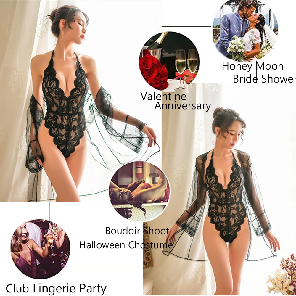 Women Transparent Lace Bodysuit Sexy Lingerie Sleepwear Mesh Lace Floral See-through Teddies Catsuit Erotic Sex Costume image 6